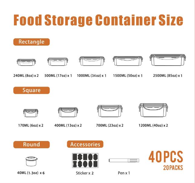 AISOON 40-piece 85-ounce airtight food storage box set